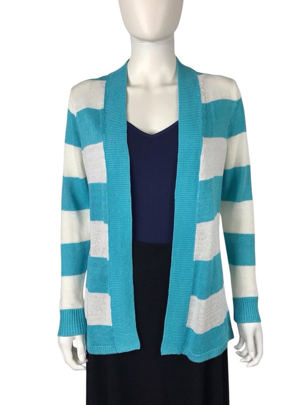 Talbots Linen Teal & White Striped Open Front Cardigan Sweater Nautical Style